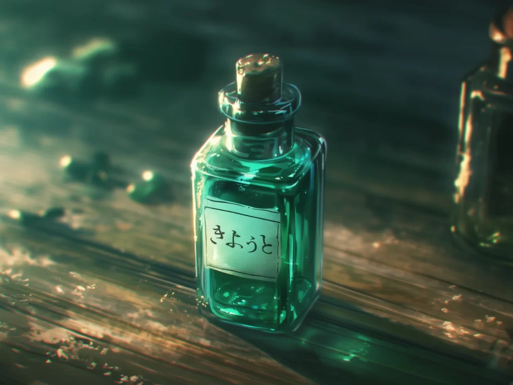 An emerald-green bottle labeled “きようと” on a wooden table.