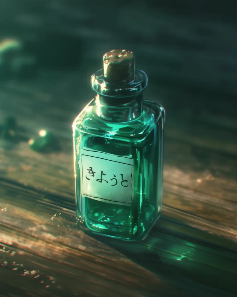 An emerald-green bottle labeled “きようと” on a wooden table.